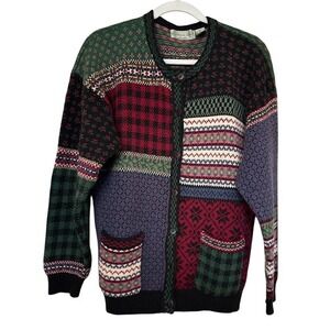 Vintage Northern Isles Patchwork Fair Isle Cardigan Sweater Knit Nordic Size L